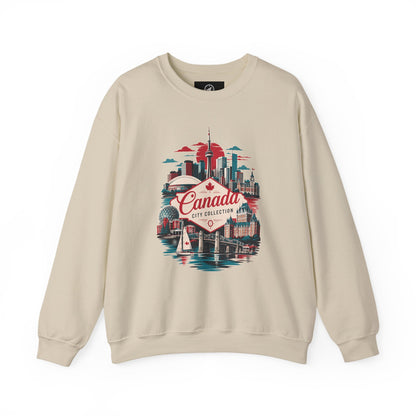 Crewneck sweatshirt in sand with colorful Canada skyline graphic on front