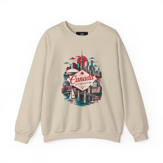 Crewneck sweatshirt in sand with colorful Canada skyline graphic on front