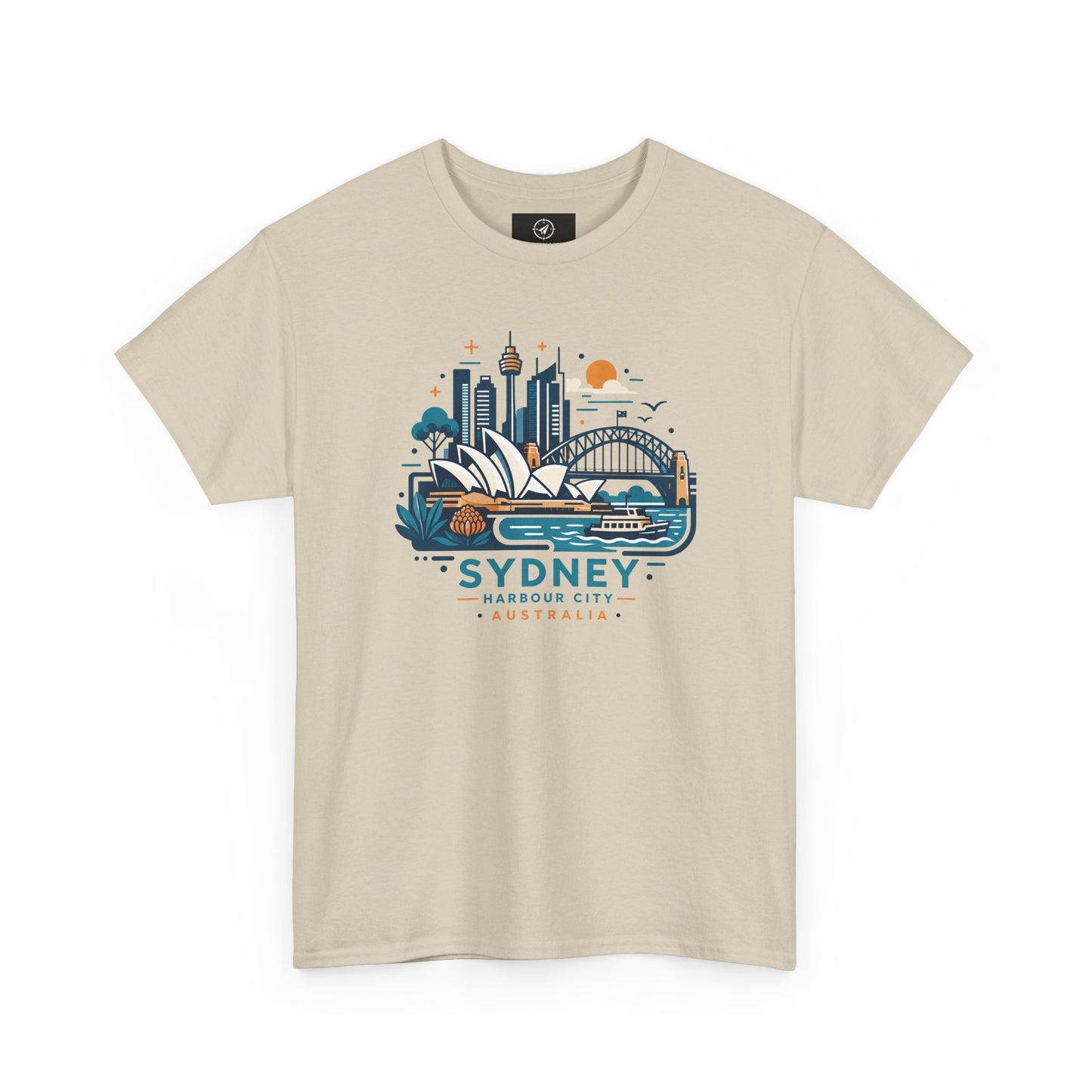 Beige Sydney harbor city graphic T-shirt, short-sleeve crew neck