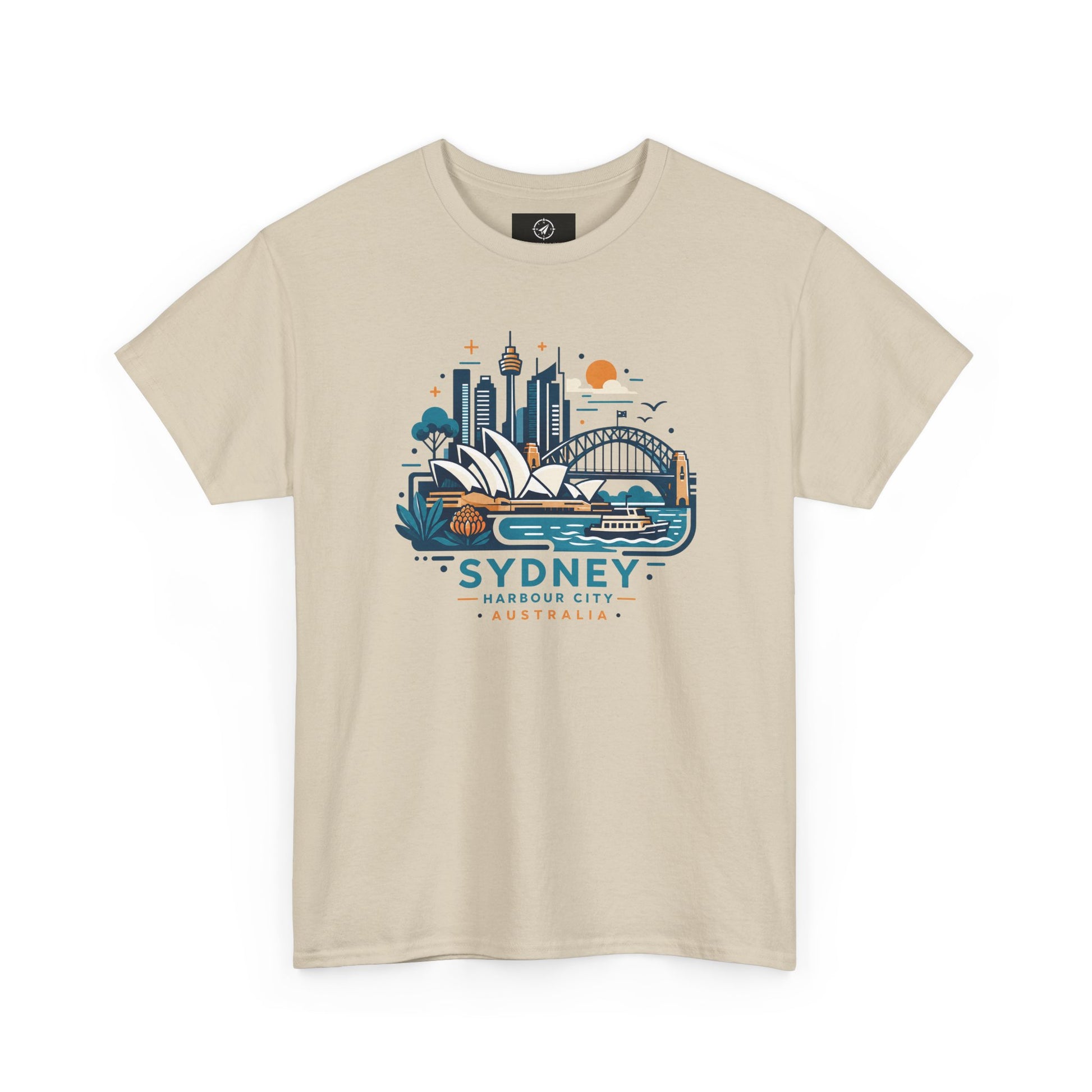 Beige Sydney harbor city graphic T-shirt, short-sleeve crew neck