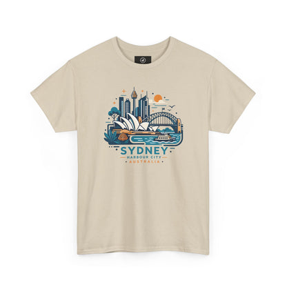 Beige Sydney harbor city graphic T-shirt, short-sleeve crew neck