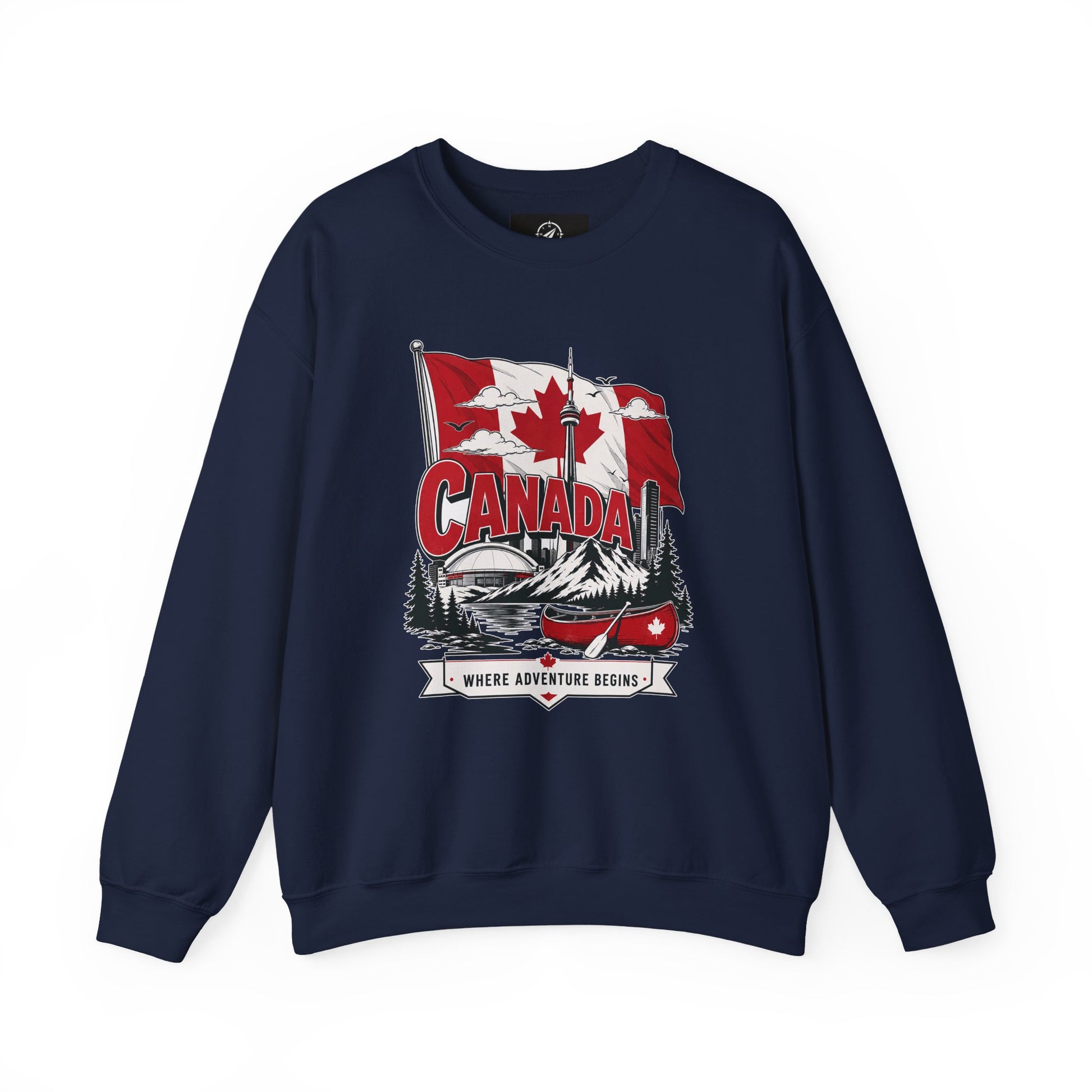 Navy crewneck sweatshirt with red Canada flag and canoe graphic on front