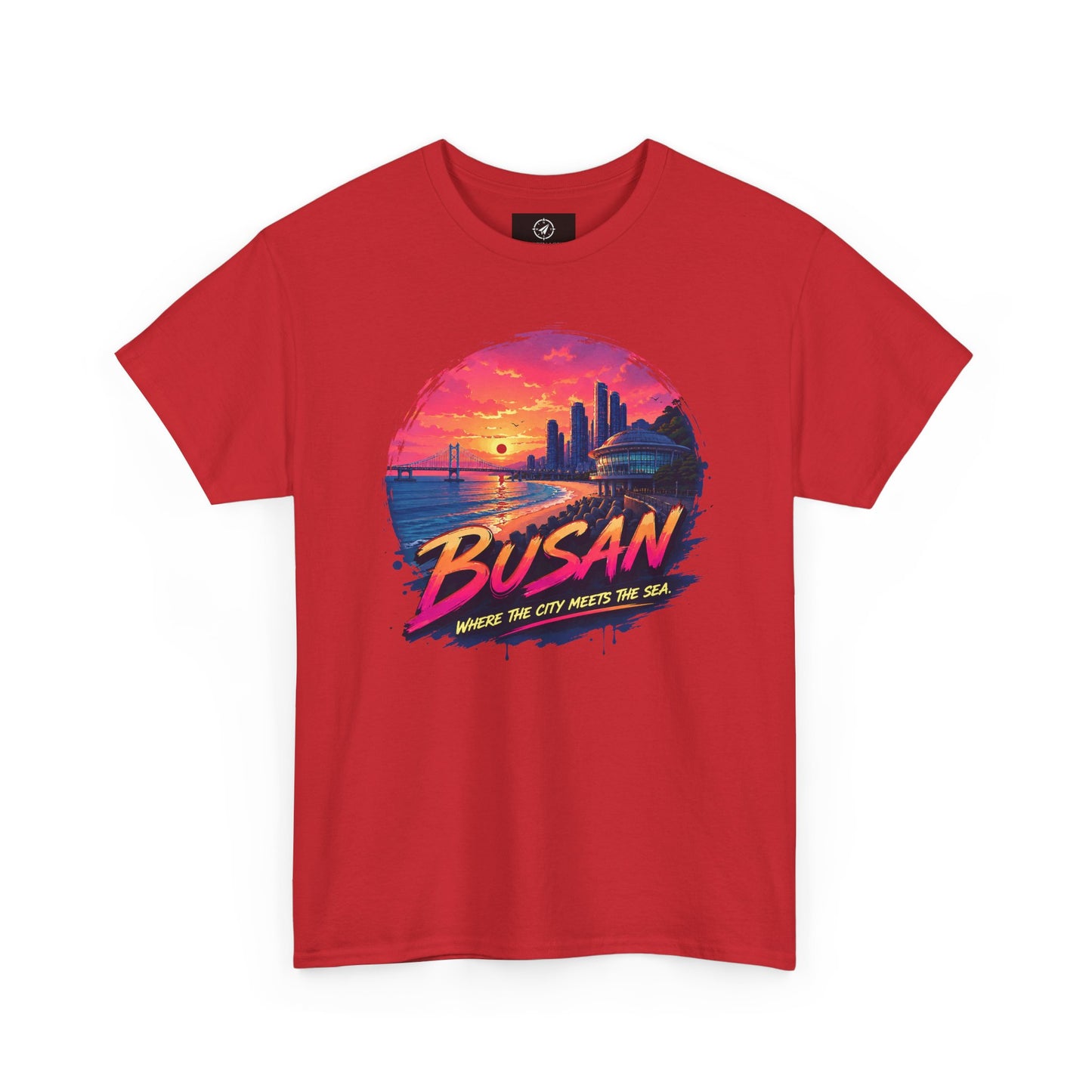 Red graphic t-shirt with Busan sunset seaside print, crew neck and short sleeves