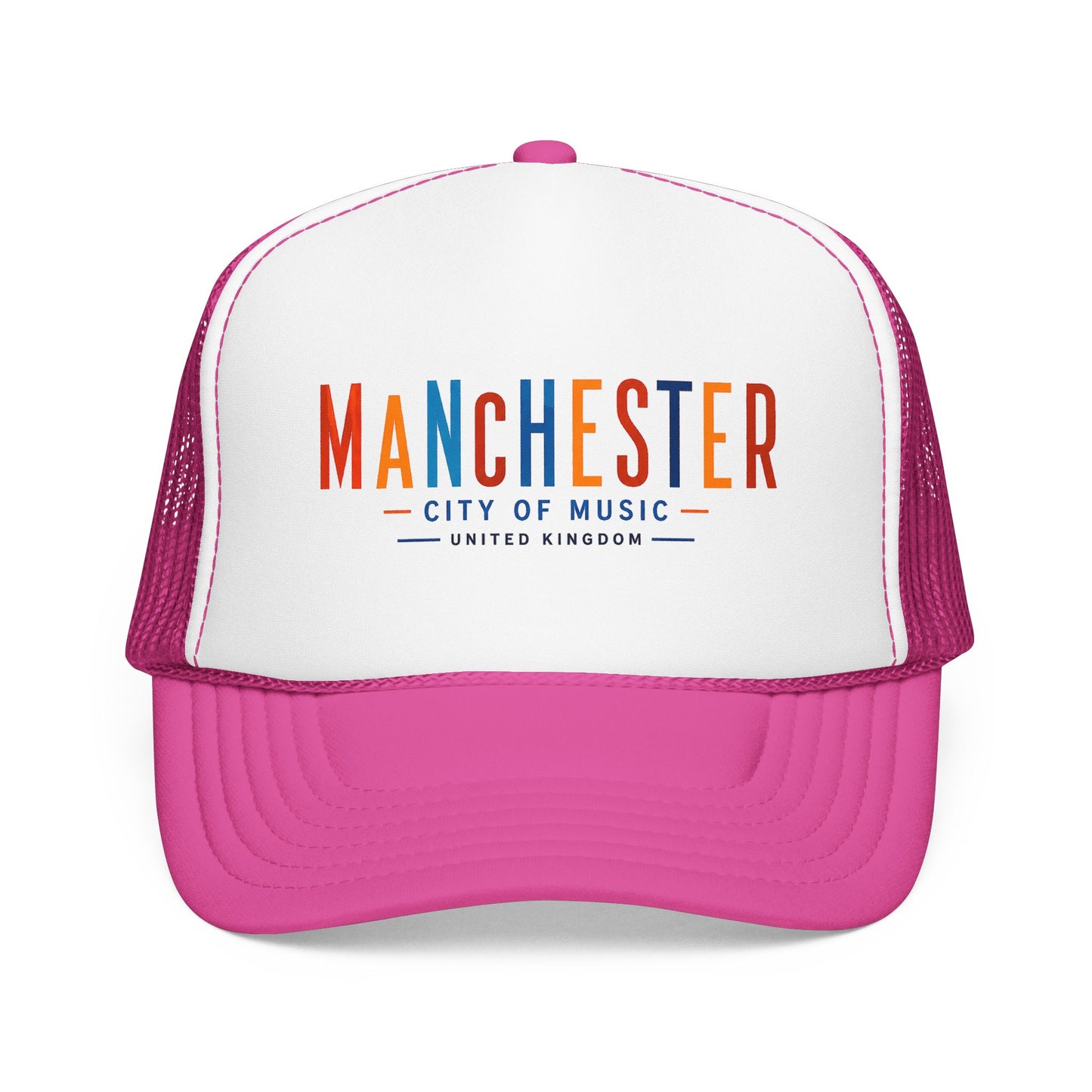 Trucker hat with white front, magenta mesh sides, and pink/magenta curved brim; Manchester City of Music logo.