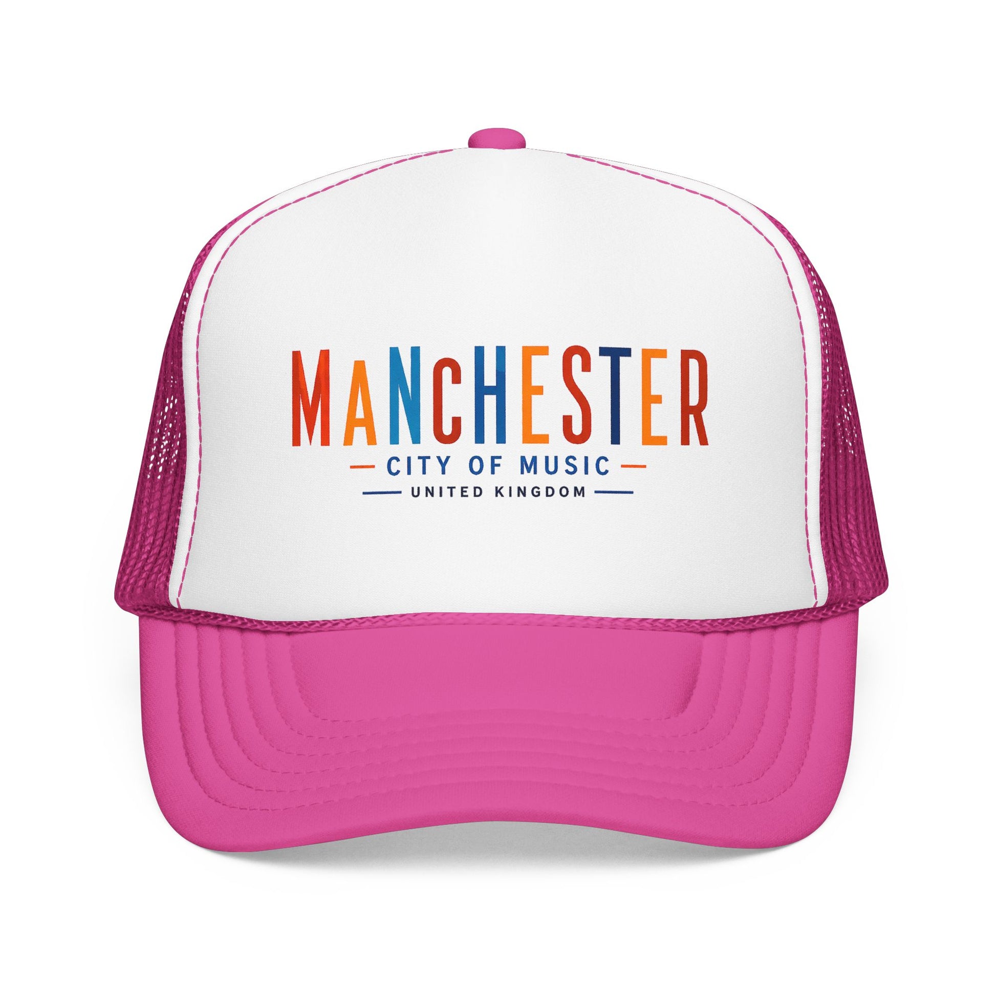 Trucker hat with white front, magenta mesh sides, and pink/magenta curved brim; Manchester City of Music logo.