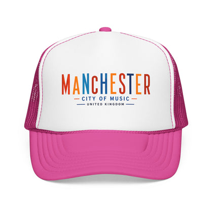 Trucker hat with white front, magenta mesh sides, and pink/magenta curved brim; Manchester City of Music logo.