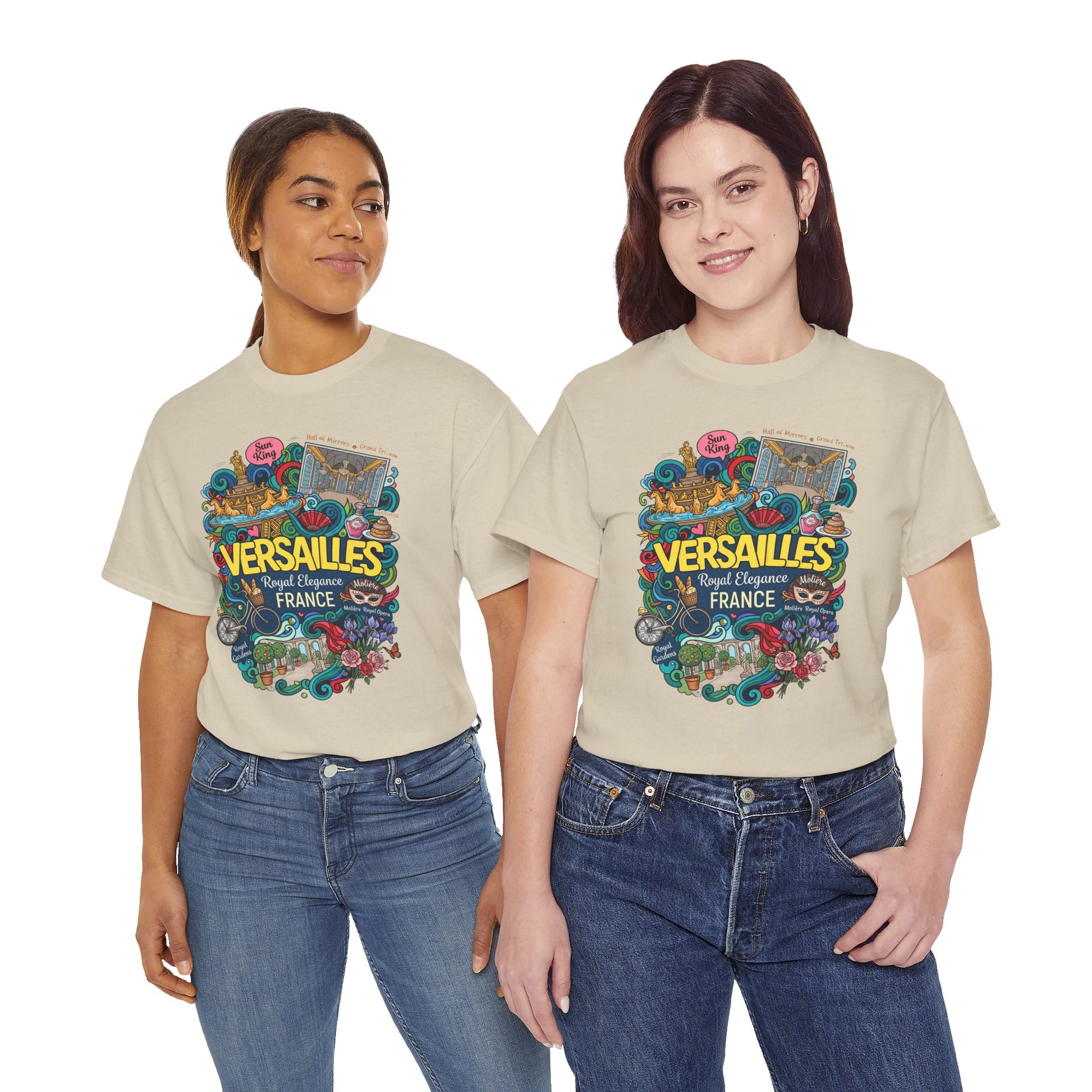 Natural cream crew-neck T-shirt with colorful Versailles illustrated front graphic