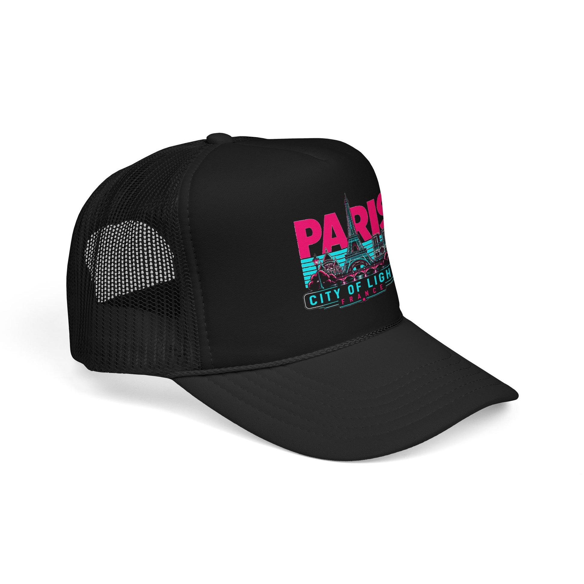 Black trucker hat with mesh side panels and Paris City of Lights graphic, curved brim.
