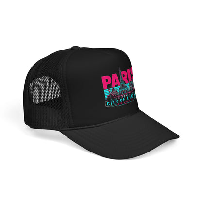 Black trucker hat with mesh side panels and Paris City of Lights graphic, curved brim.