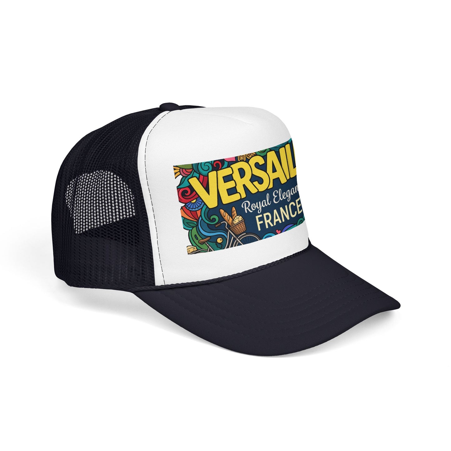 Two-tone black and white trucker hat with mesh back and colorful Versailles France patch