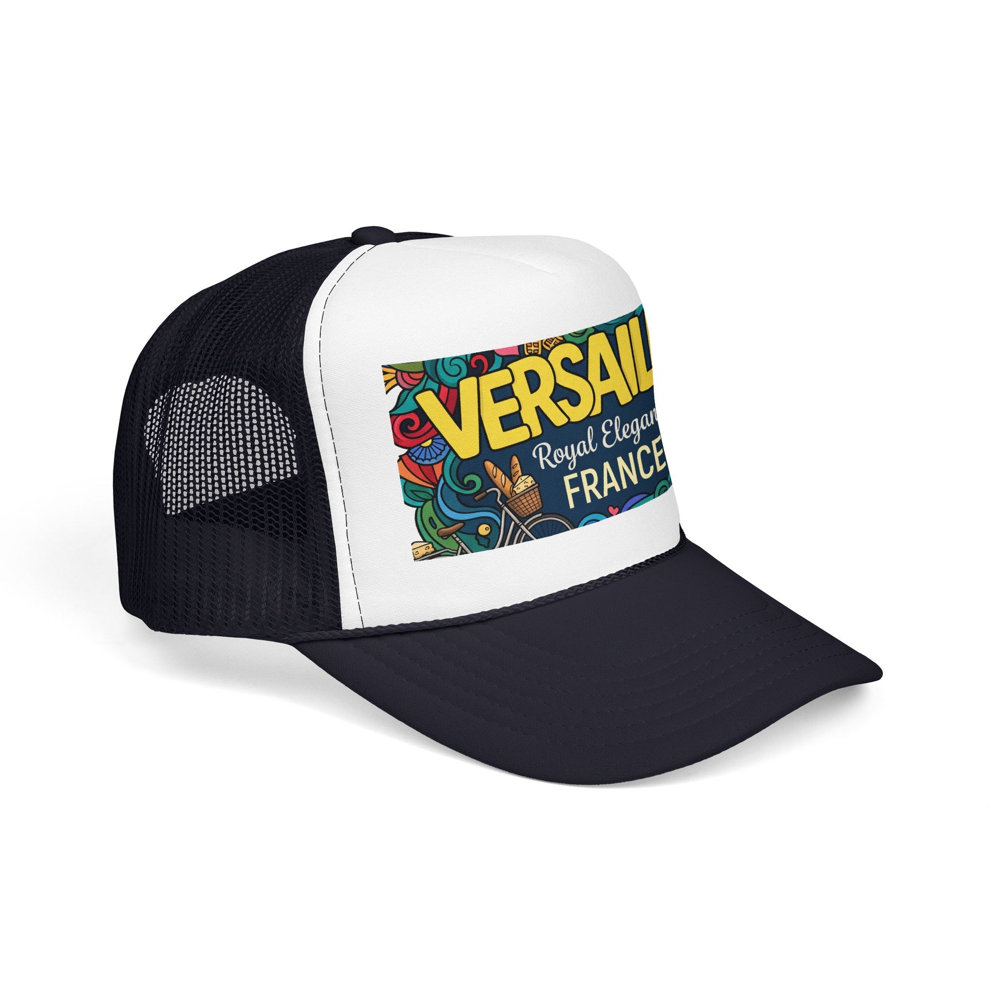 Two-tone black and white trucker hat with mesh back and colorful Versailles France patch