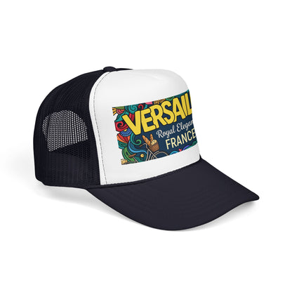Two-tone black and white trucker hat with mesh back and colorful Versailles France patch