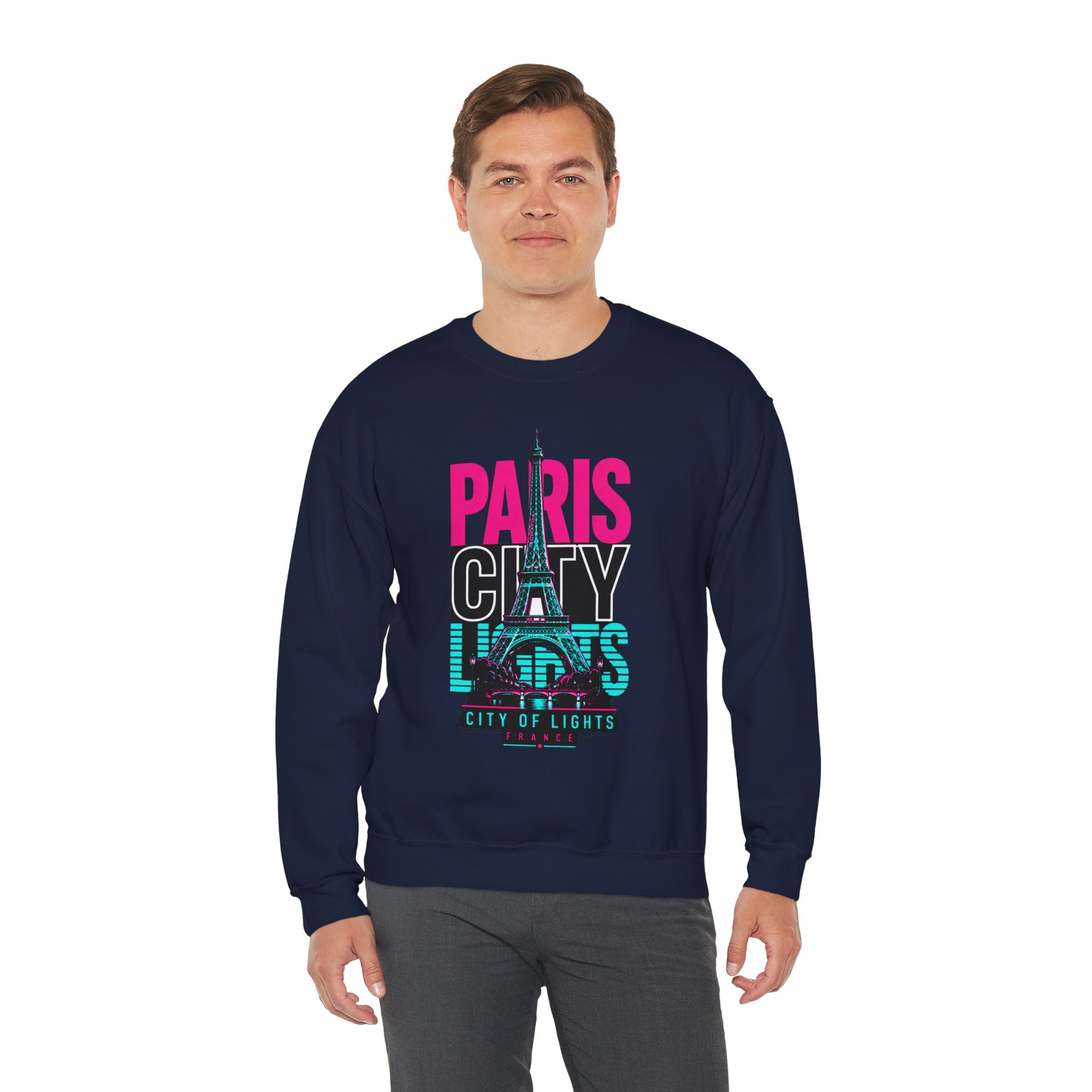 Navy crewneck sweatshirt with Eiffel Tower lights “PARIS CITY OF LIGHTS” graphic