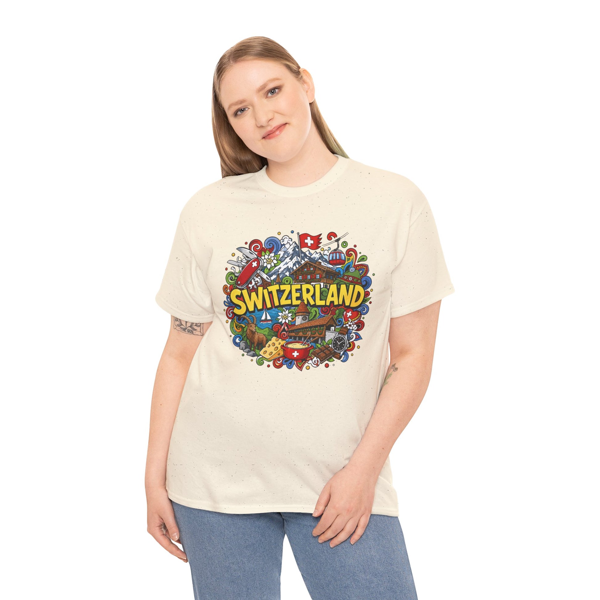 Switzerland-themed T-shirt in natural cream on-model front with colorful SWITZERLAND design