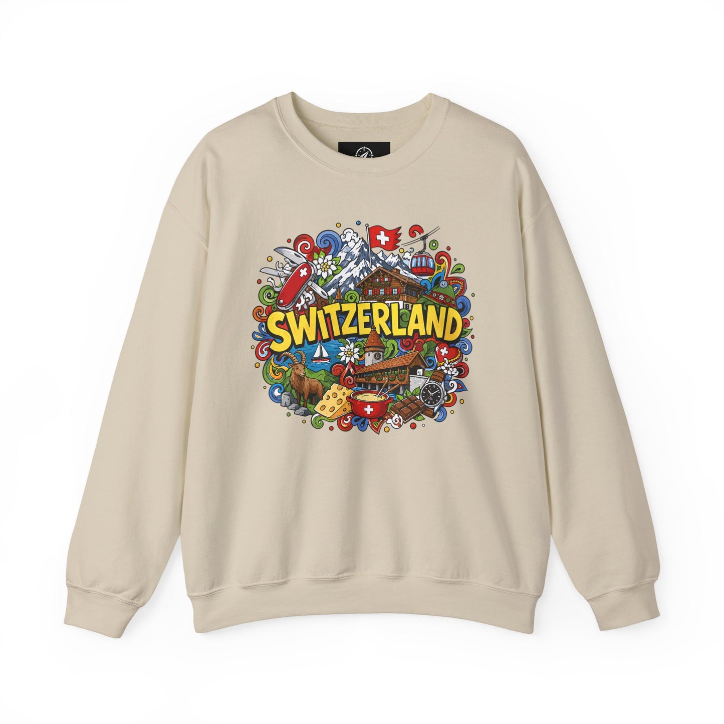 Sand/beige sweatshirt with colorful Switzerland graphic print across the chest
