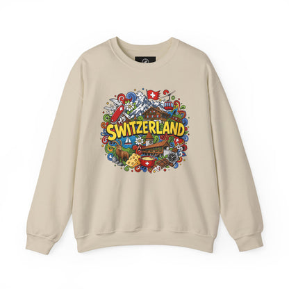 Sand/beige sweatshirt with colorful Switzerland graphic print across the chest
