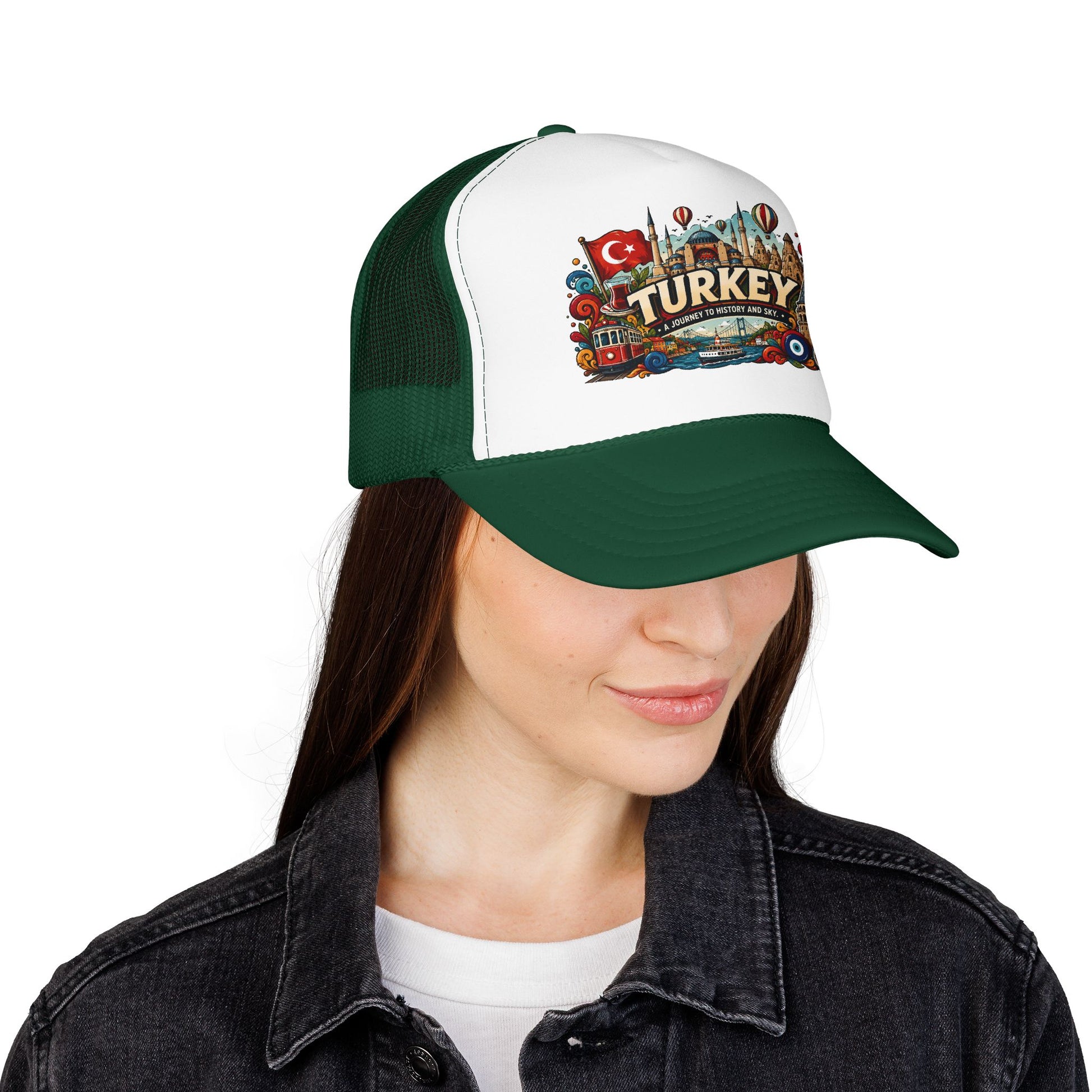 Dark green and white trucker hat worn on a person, front Turkey emblem patch visible