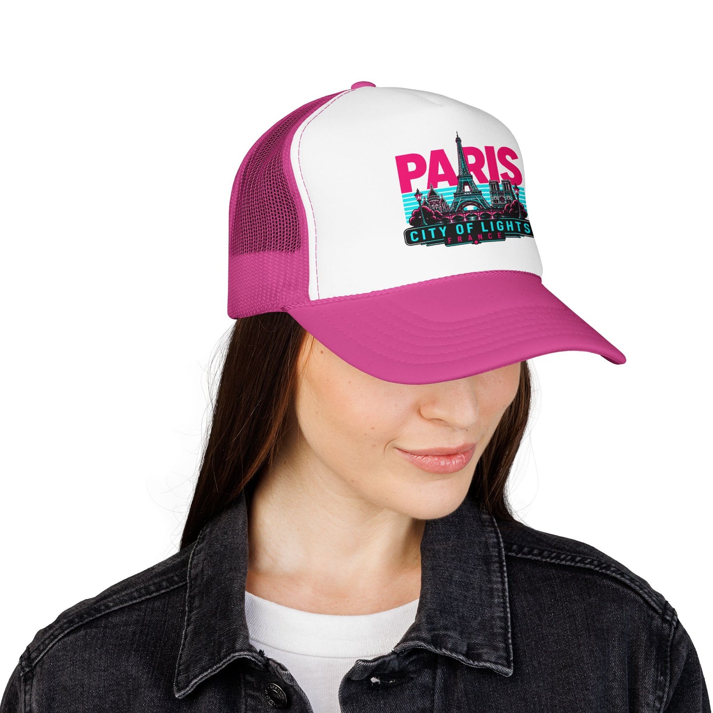 White front and magenta mesh trucker hat with “PARIS City of Lights” front graphic.