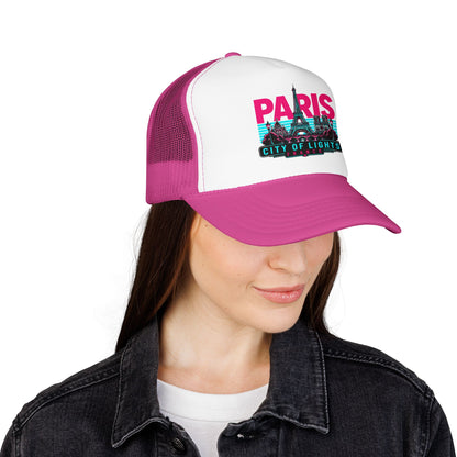 White front and magenta mesh trucker hat with “PARIS City of Lights” front graphic.