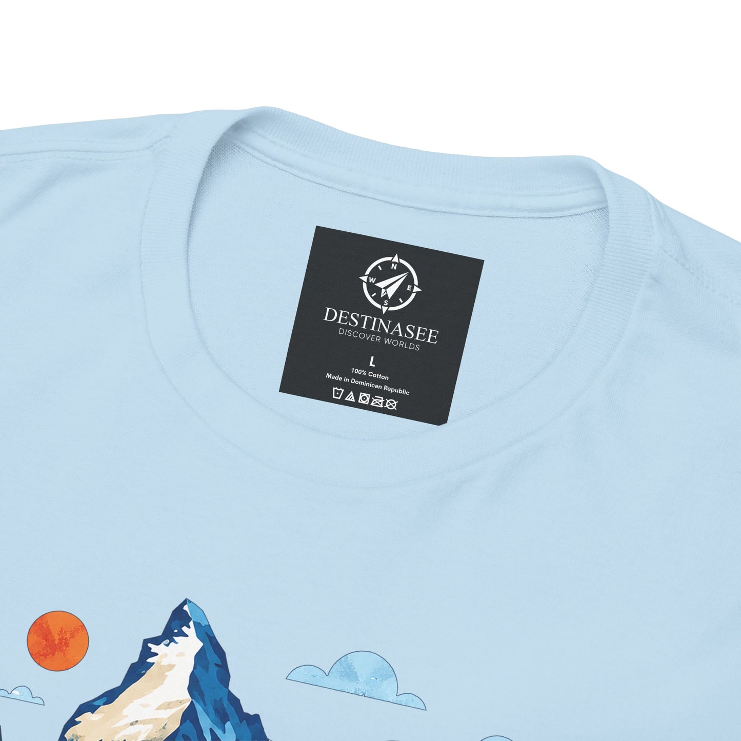Light blue crew-neck T-shirt back collar with black brand label and mountain illustration