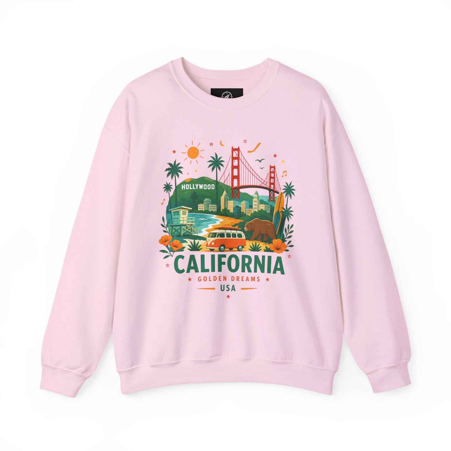 Light pink crewneck sweatshirt with California Golden Dreams USA graphic center.