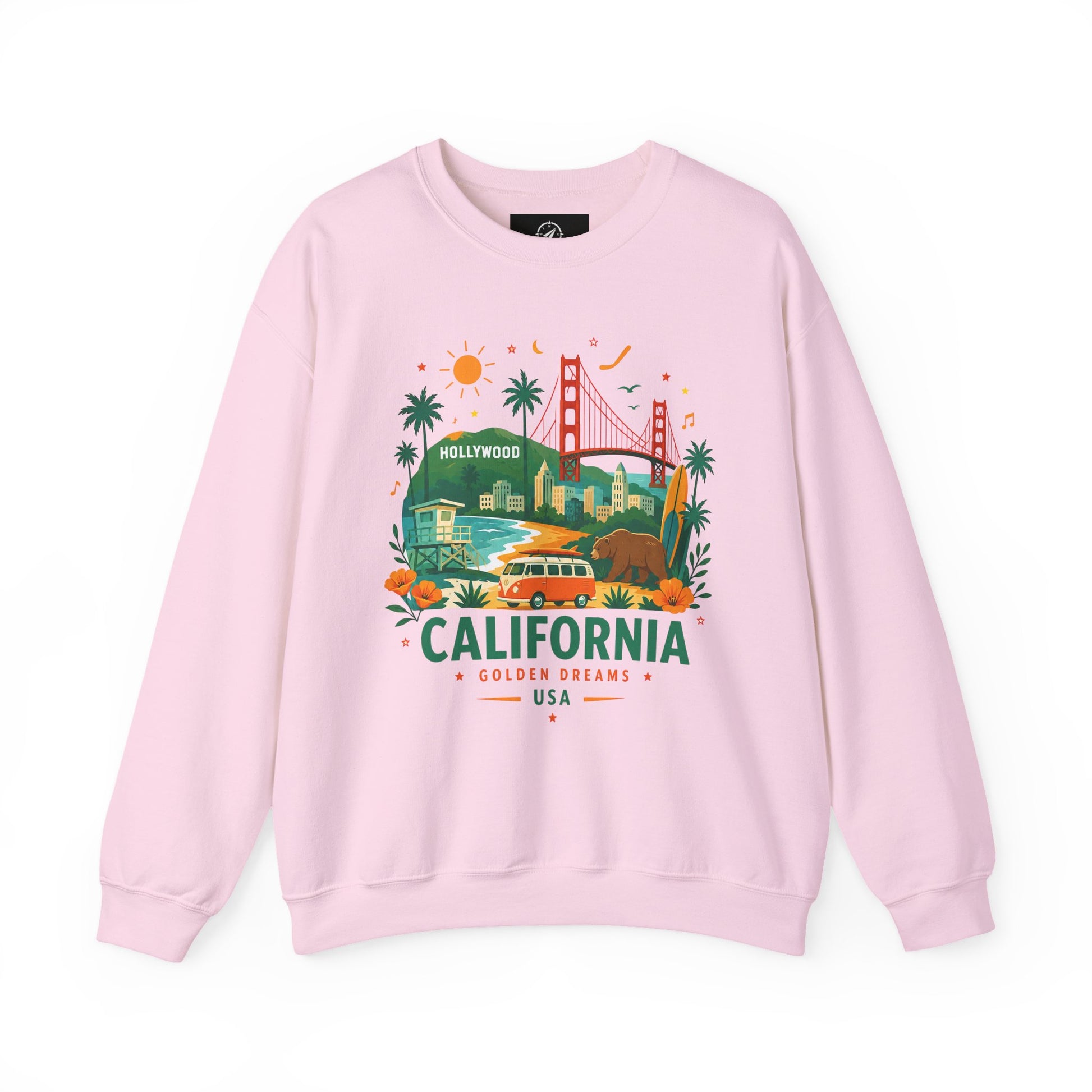 Light pink crewneck sweatshirt with California Golden Dreams USA graphic center.