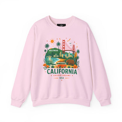 Light pink crewneck sweatshirt with California Golden Dreams USA graphic center.