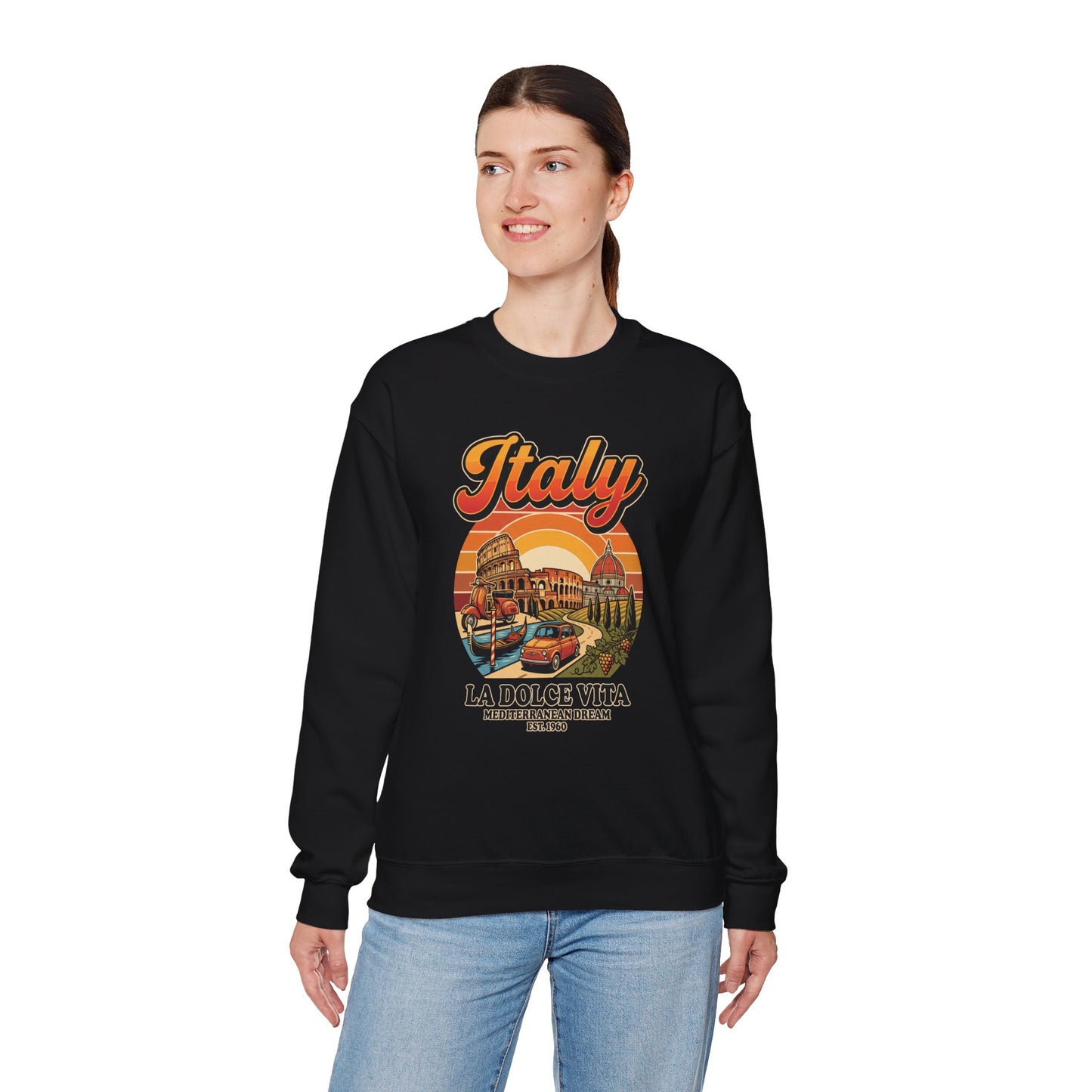 Black crewneck sweatshirt with “Italy La Dolce Vita” graphic on the chest