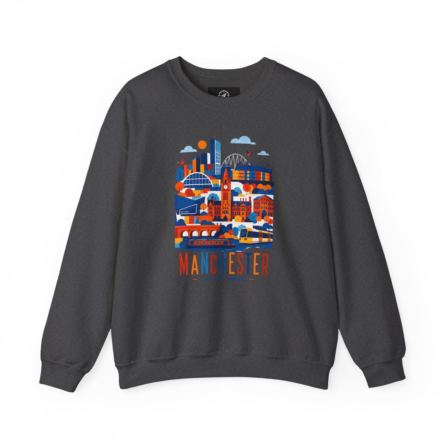 Dark heather crewneck sweatshirt with colorful Manchester cityscape graphic on chest
