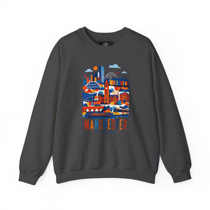 Dark heather crewneck sweatshirt with colorful Manchester cityscape graphic on chest