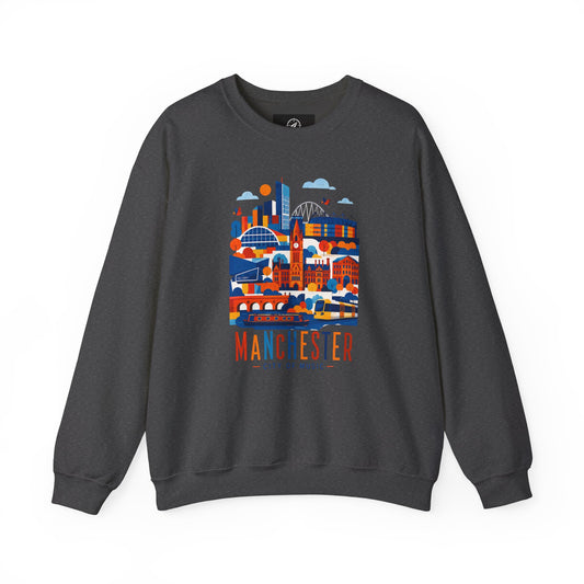 Dark heather crewneck sweatshirt with colorful Manchester cityscape graphic on chest