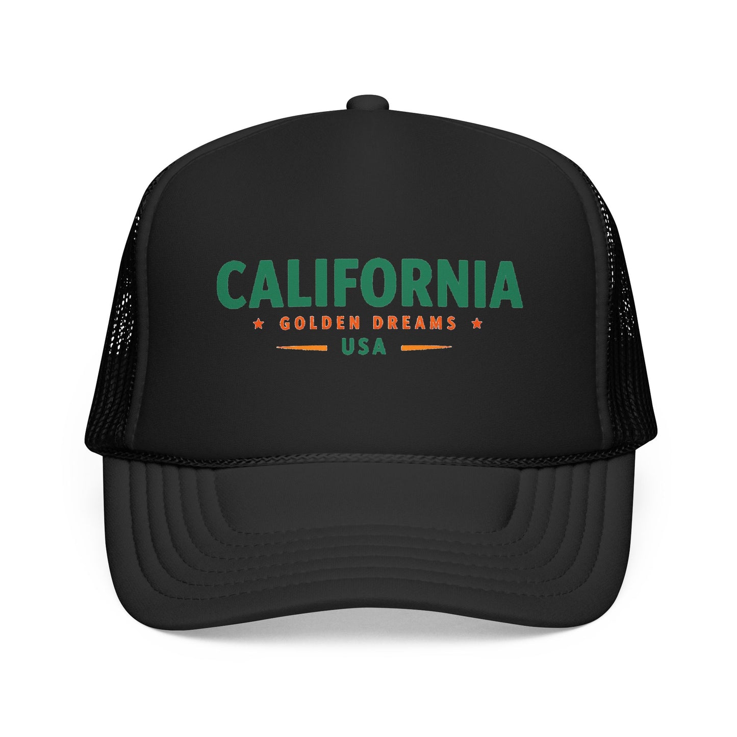Black trucker hat with green California graphic and black mesh sides