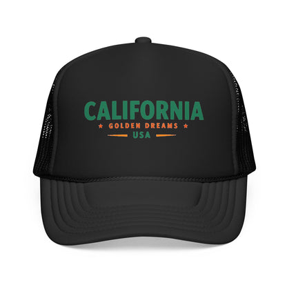 Black trucker hat with green California graphic and black mesh sides