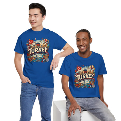 Blue graphic tee with colorful Turkey-themed emblem on the front, worn by two models