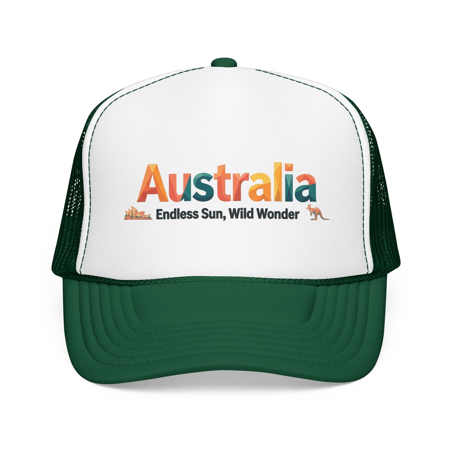 White and dark green mesh trucker cap with 'Australia' front logo