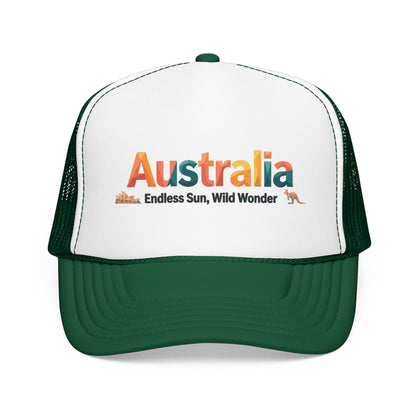 White and dark green mesh trucker cap with 'Australia' front logo
