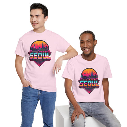 Light pink t-shirt with front Seoul city skyline heart graphic, crew neck