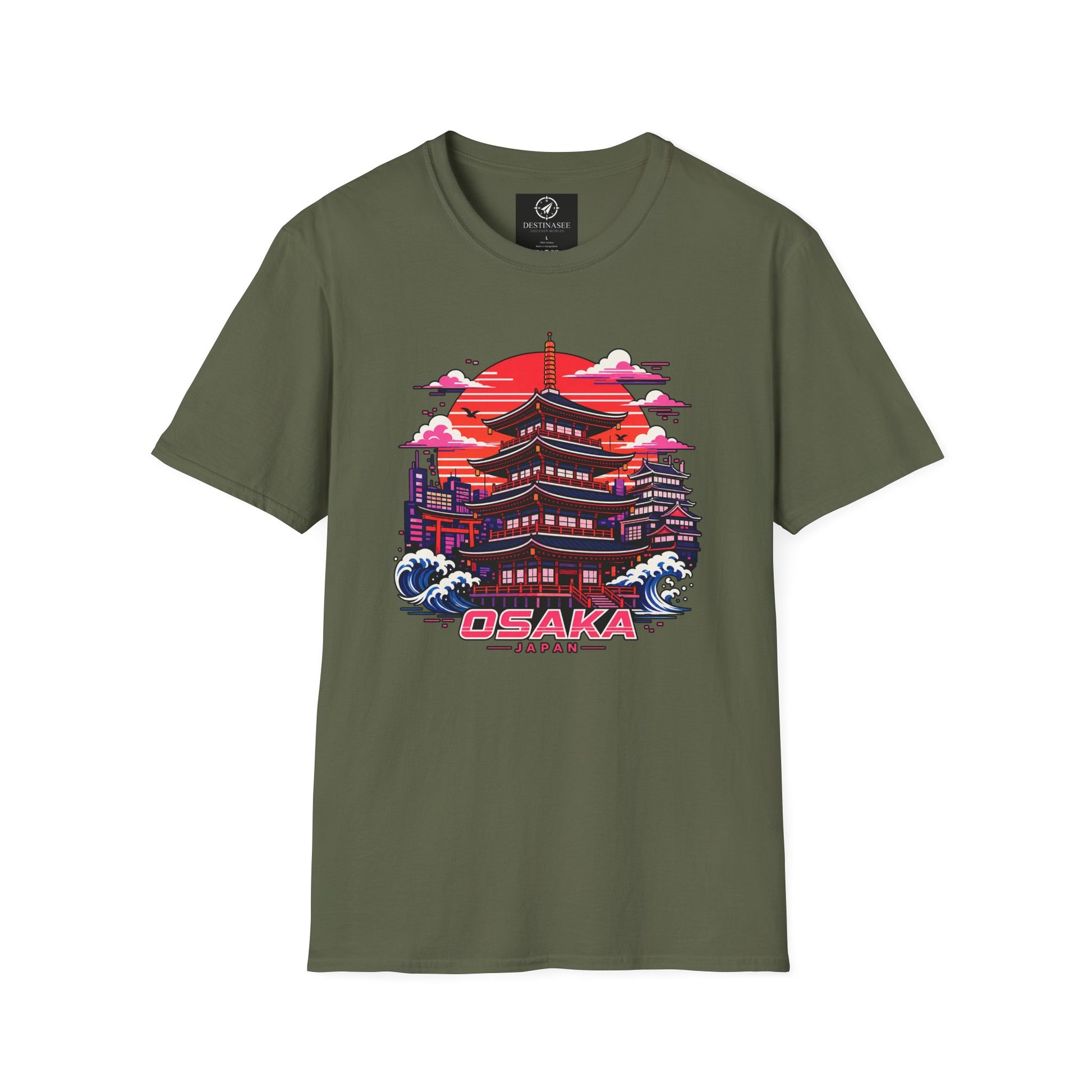 Olive green T-shirt with Osaka graphic print on the front.