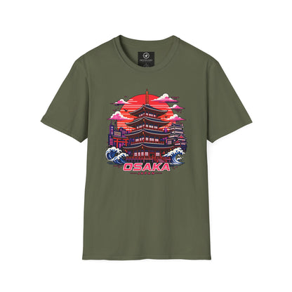 Olive green T-shirt with Osaka graphic print on the front.