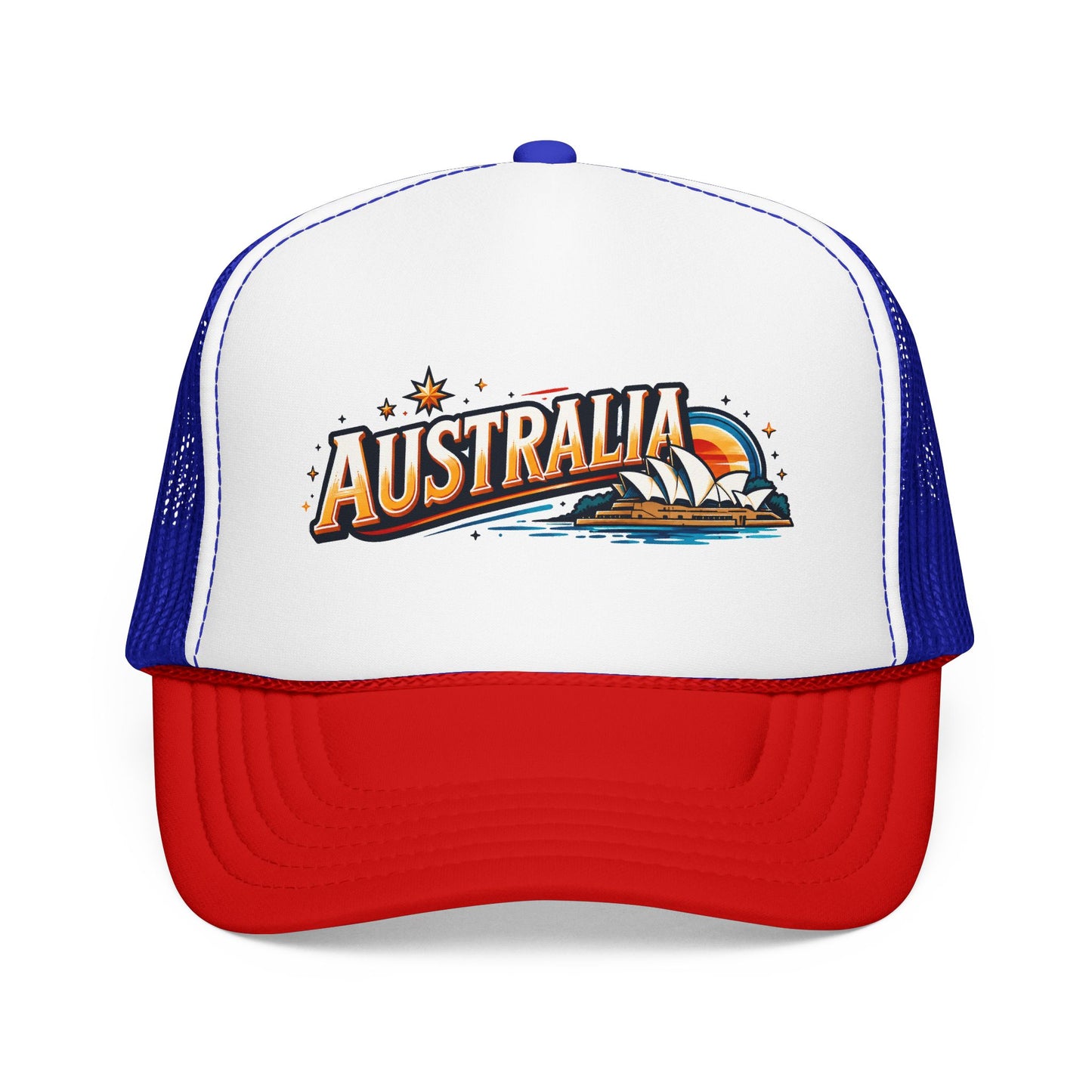 White front panel red trucker cap with Australia graphic and curved brim