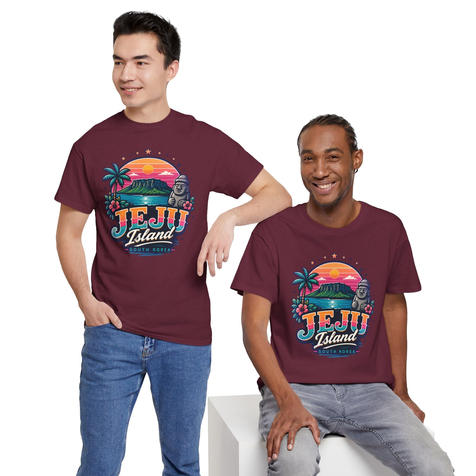 Maroon crewneck T-shirt with colorful Jeju Island sunset graphic, worn by models