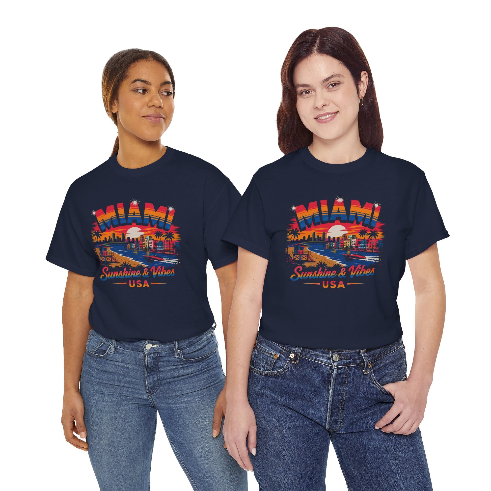 Navy T-shirt with Miami skyline graphic and "Sunshine & Vibes USA" text