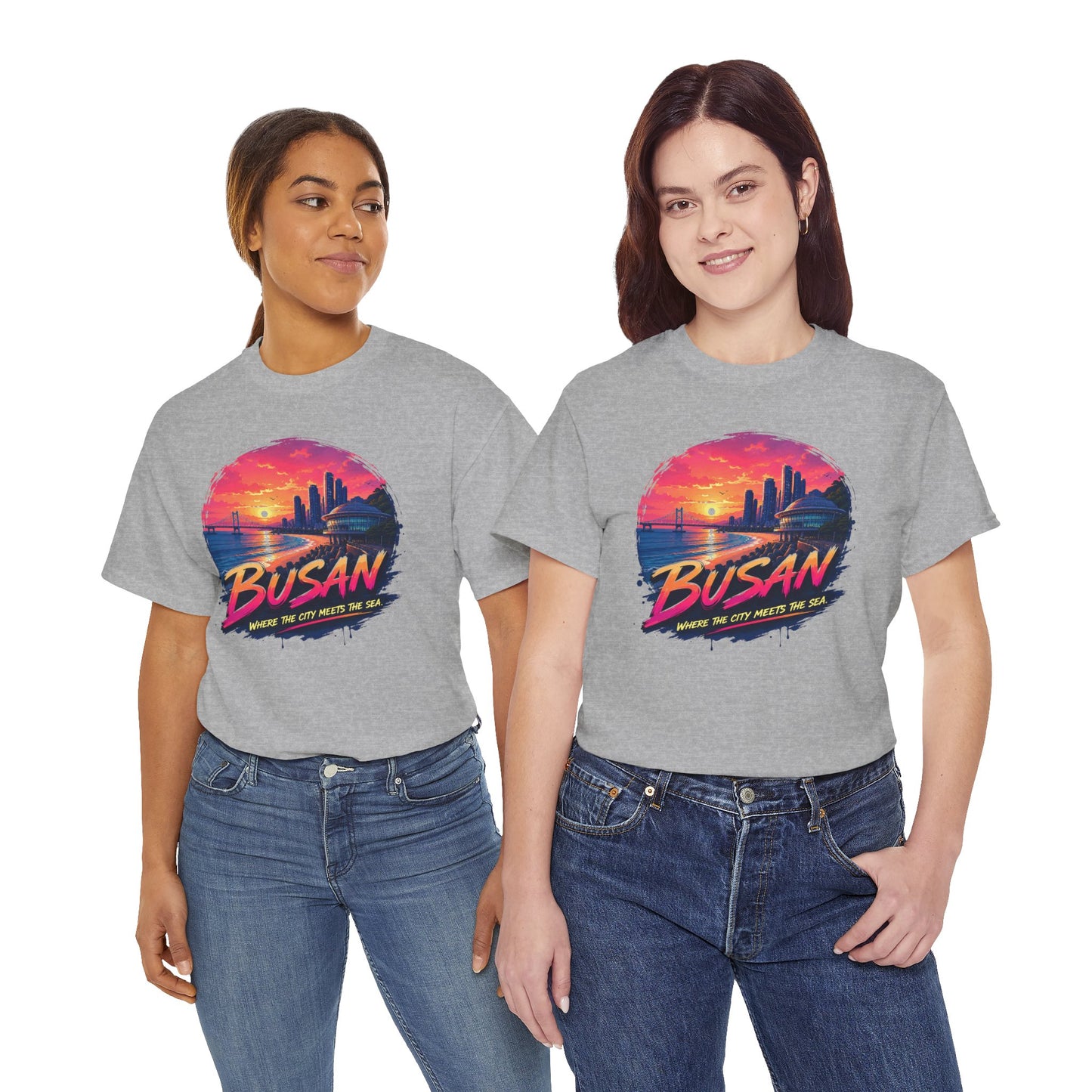Heather gray crewneck t-shirt with Busan sunset graphic front.
