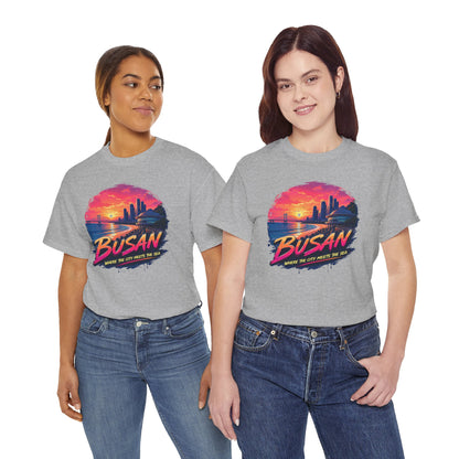 Heather gray crewneck t-shirt with Busan sunset graphic front.