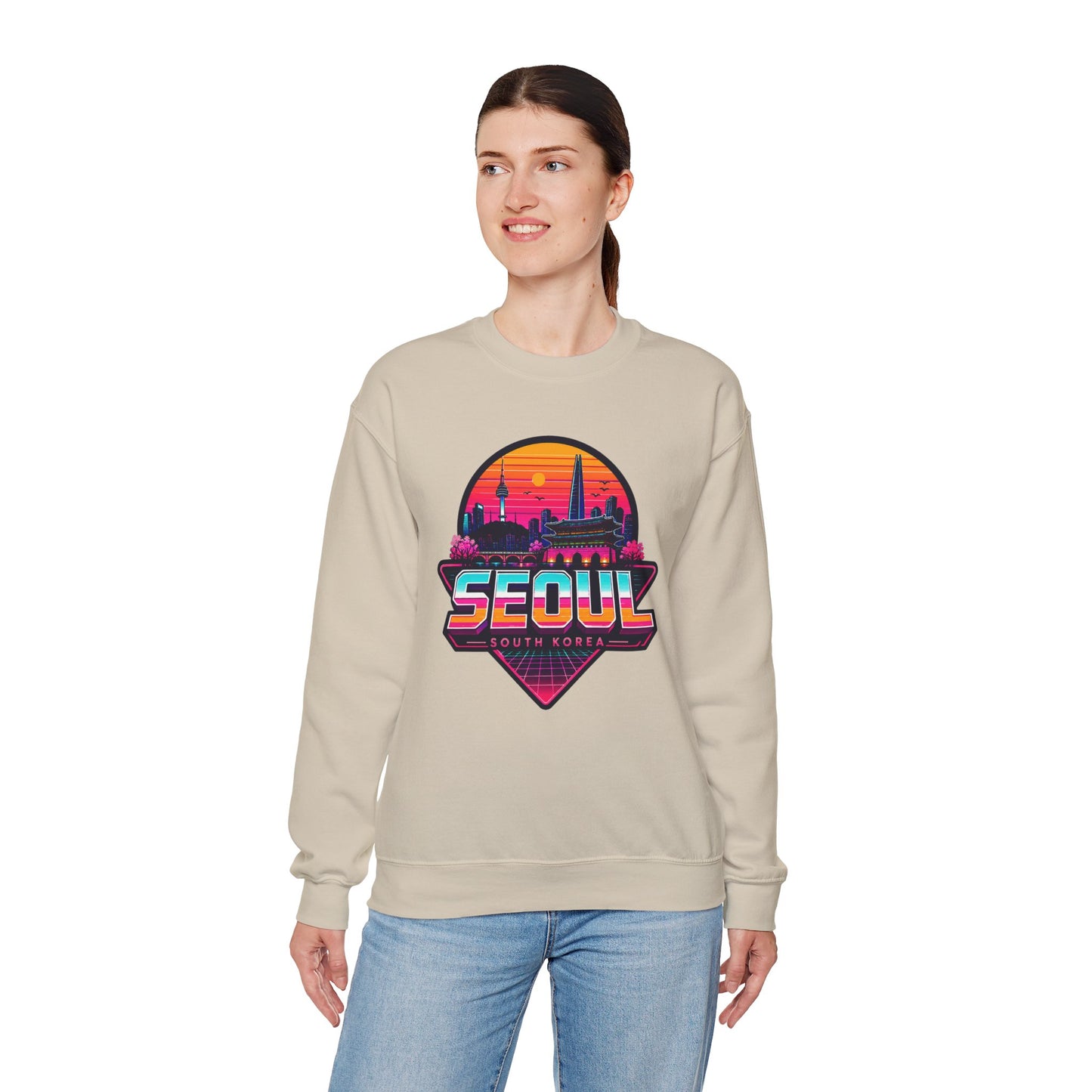 Light sand crewneck sweatshirt with Seoul cityscape chest graphic