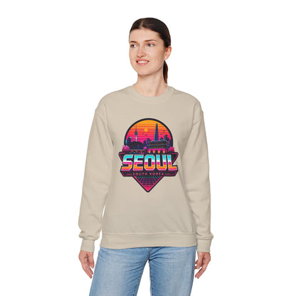 Light sand crewneck sweatshirt with Seoul cityscape chest graphic