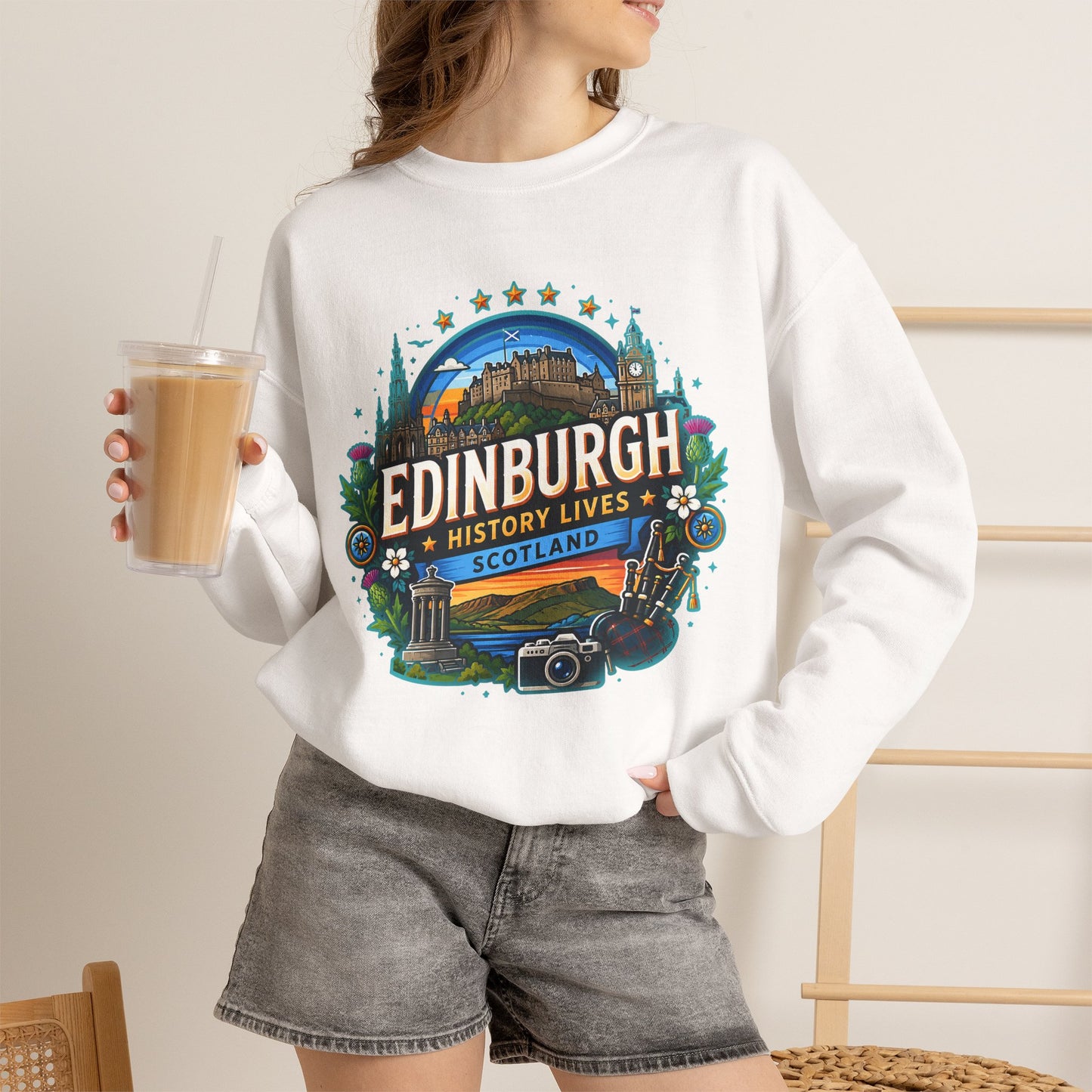 White crewneck sweatshirt with front printed Edinburgh graphic logo