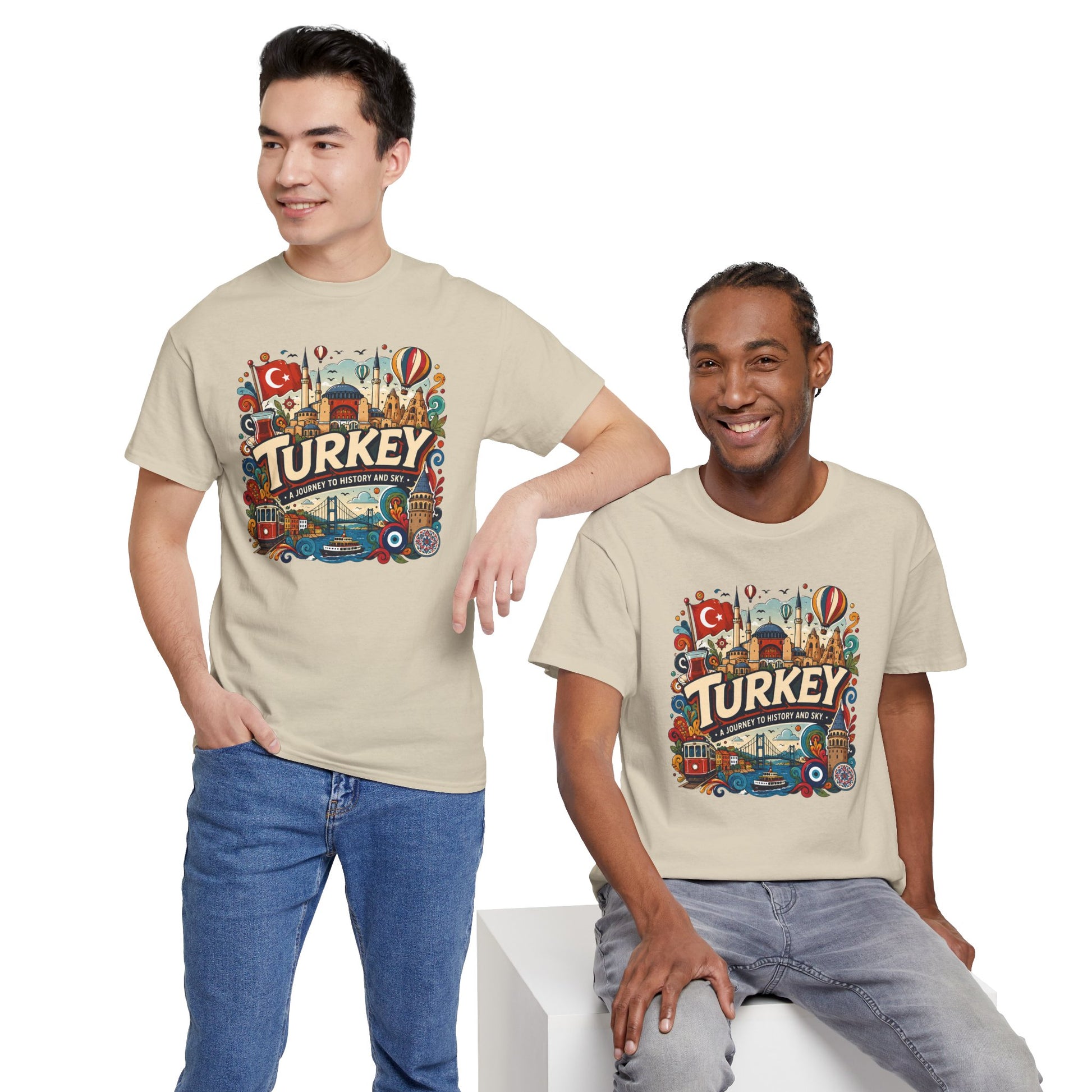 Natural Istanbul graphic tee with chest Turkey graphic, styled on two models