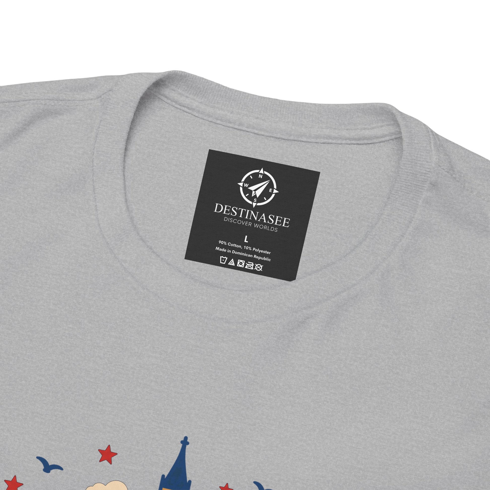 Sport grey T-shirt neckline with black brand tag and partial skyline graphic