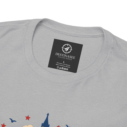 Sport grey T-shirt neckline with black brand tag and partial skyline graphic